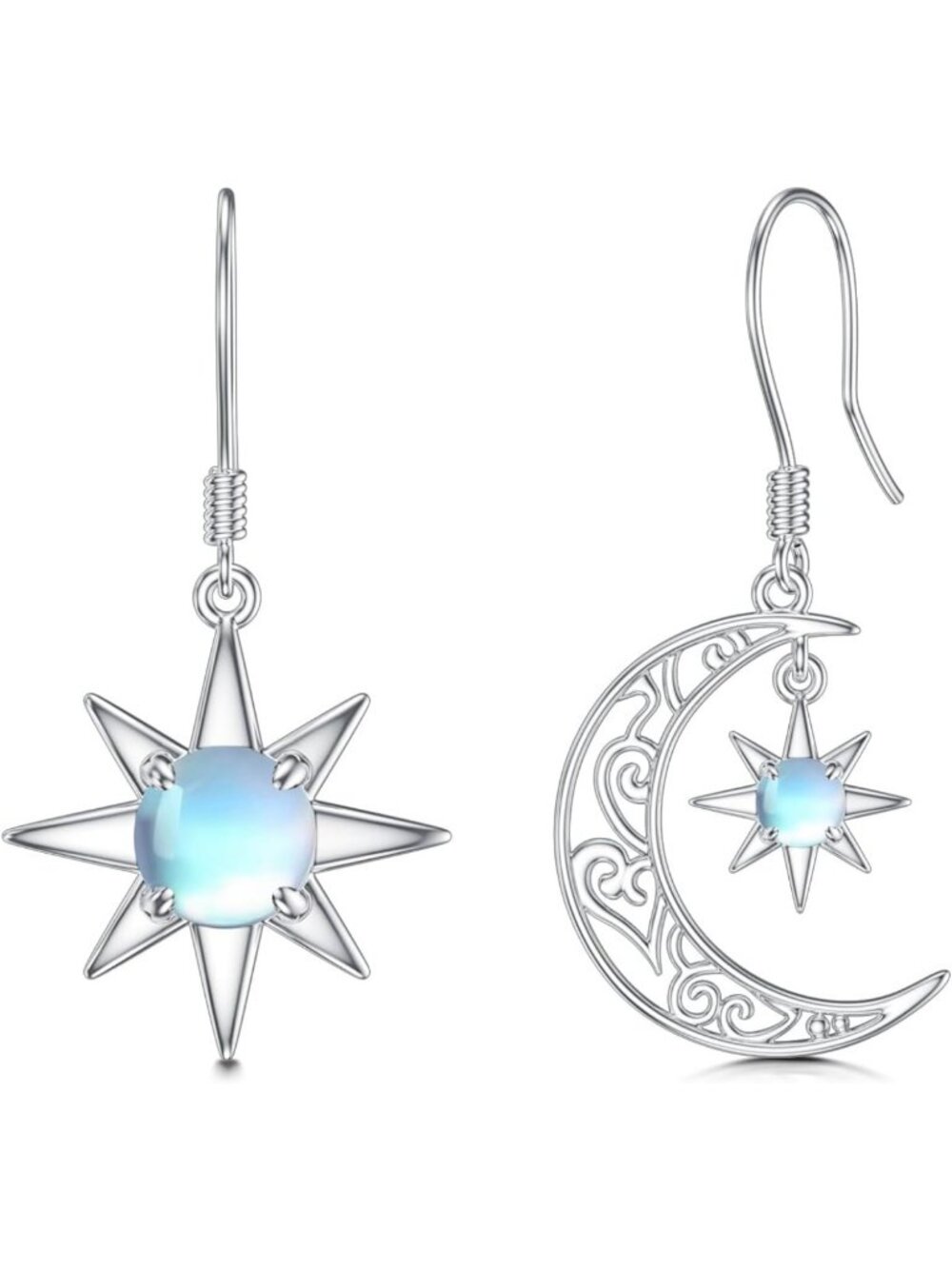 Sterling Silver Moon and Sun Earrings, Moonstone & Labradorite, Filigree Drop